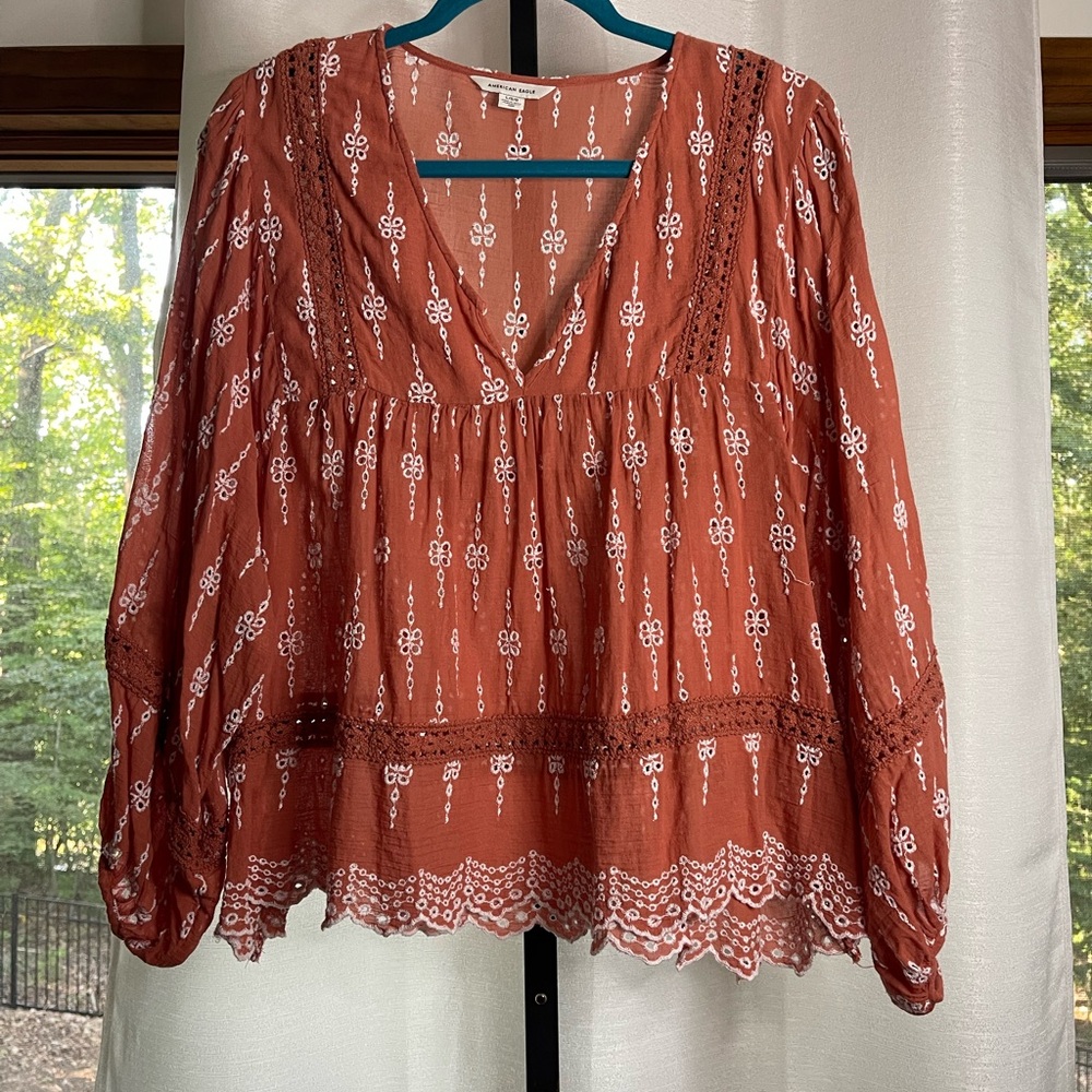 American Eagle Outfitters Burnt Orange Peasant Blouse with White Embroidery